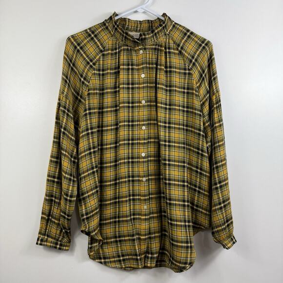 Loft Yellow Black Plaid Button Up Shirt Small Ruffle Neck Fall Tunic Preppy - Picture 14 of 14